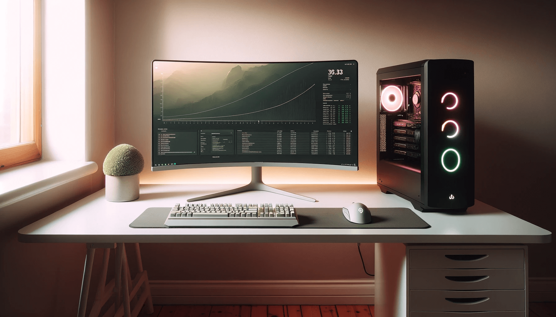 A simple yet stylish gaming station in a room with soft, warm lighting. The setup features an ultra-wide monitor with a curved screen sitting on a neat, white desk with no clutter. Accompanying the monitor are a sleek keyboard and an ergonomic mouse. The desk hosts a small, green potted plant, and beside it, a gaming computer tower with a transparent side showing a neatly organized interior with tasteful RGB lighting. The screen shows a generic Kubernetes user interface, with graphs and status indicators but devoid of any textual information.